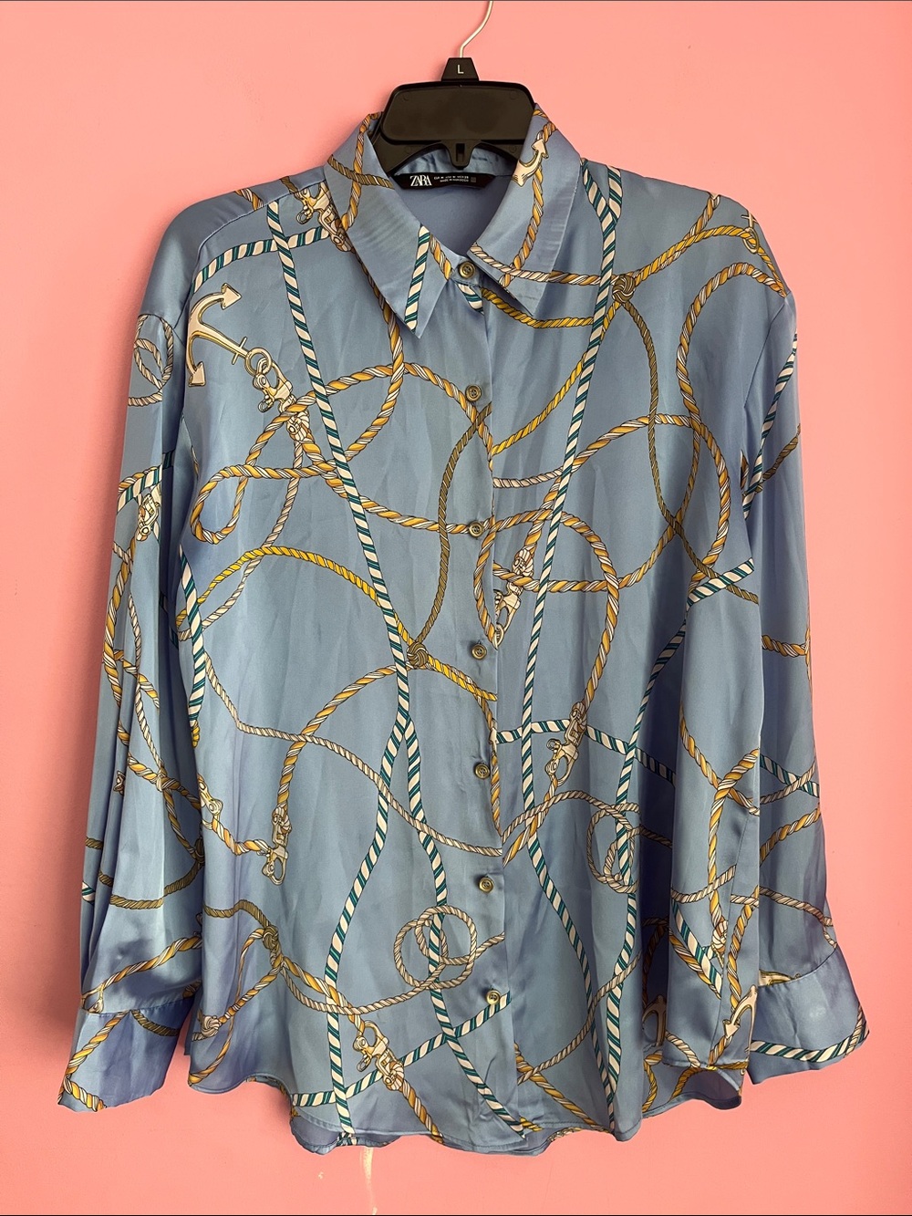 Zara Blue Nautica Rope-Print Satin Button-Down Shirt